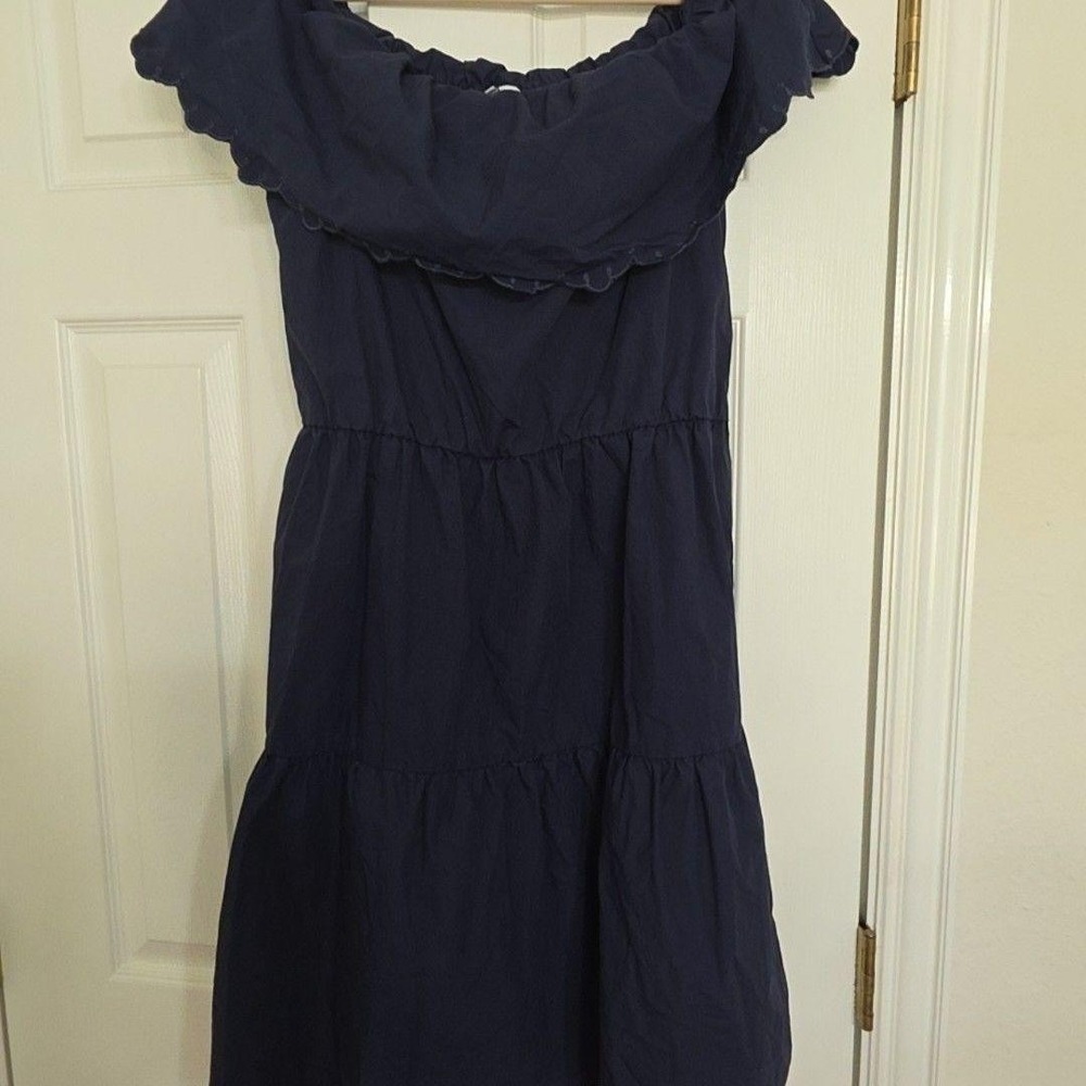Saks Fifth Avenue Dress Womens M Blue Off Shoulder Ruffle Cotton Sundress Tiered